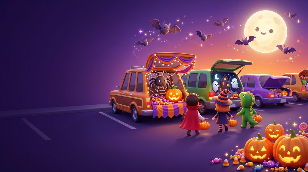 Decorated trunks and kids in costume at Trunk or Treat