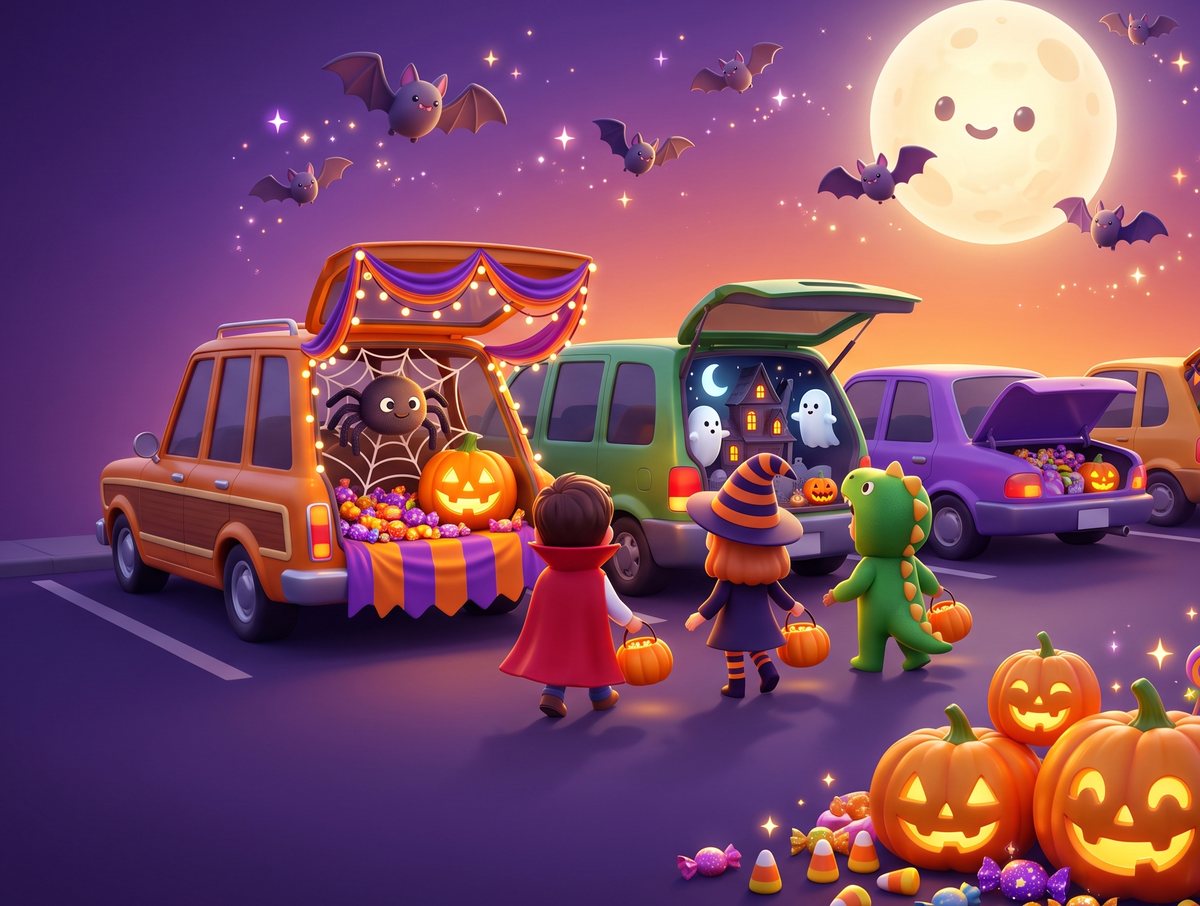 A decorated trunk glowing with lights and candy